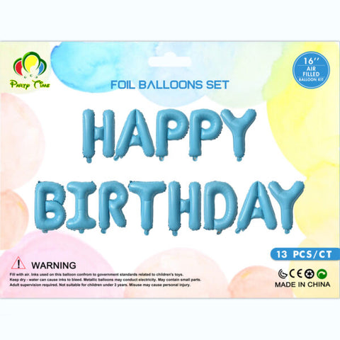 Air-Filled 16″ Happy Birthday Foil Balloon Banner Set – Pastel Blue