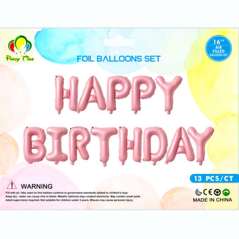 Air-Filled 16″ Happy Birthday Foil Balloon Banner Set – Pastel Pink