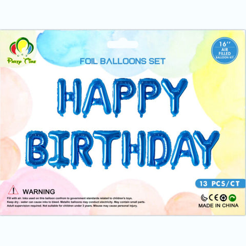 Air-Filled 16″ Happy Birthday Foil Balloon Banner Set – Blue